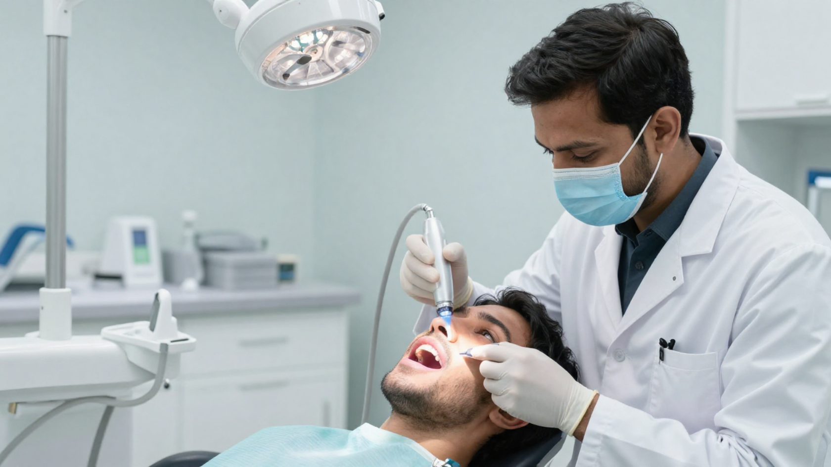 Dentist performing painless oral cancer screening in Nayapalli